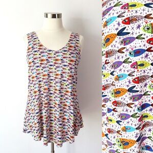 Salaam Tank Top Multicolor Novelty Fish Print Scoop Neck Rayon Blend XL